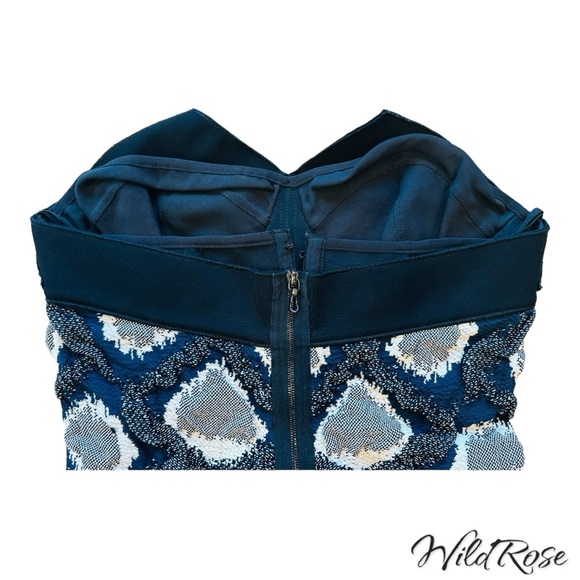 ROLAND MOURET Blue & Black Stretch Bodycon Corset Bustier Mini Dress SZ 4 - Picture 10 of 16